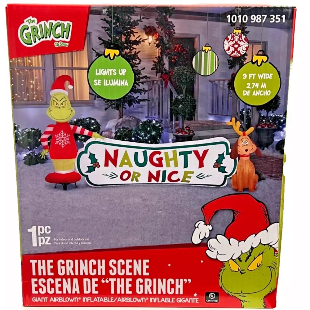 9 FT The Grinch & Max With Naughty or Nice Sign Airblown Yard Inflatable Gemmy